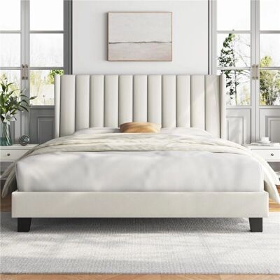 Cama tapizada beige de 160x200cm con cabecero a rayas y estructura de madera y metal - Yaheetech Cama tapizada beige de 160x200cm con cabecero a rayas y estructura de madera y metal - Yaheetech