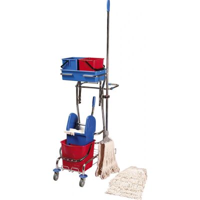 Conjunto de Carro de Limpieza Kaiserkraft - Escaleras, Mopas de Flecos, Marco de Acero Conjunto de Carro de Limpieza Kaiserkraft - Escaleras, Mopas de Flecos, Marco de Acero