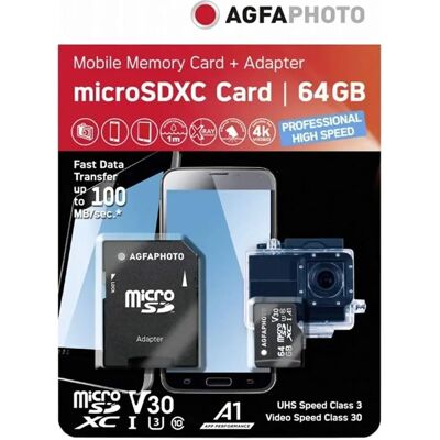 Tarjeta de memoria Agfa Micro SDXC 64GB UHS-I U3 V30 - Alta velocidad con adaptador Tarjeta de memoria Agfa Micro SDXC 64GB UHS-I U3 V30 - Alta velocidad con adaptador