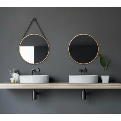 Talos Gold Round Wall Mirror - Leather Look - 50cm - Wall Mirror Talos Gold Round Wall Mirror - Leather Look - 50cm - Wall Mirror
