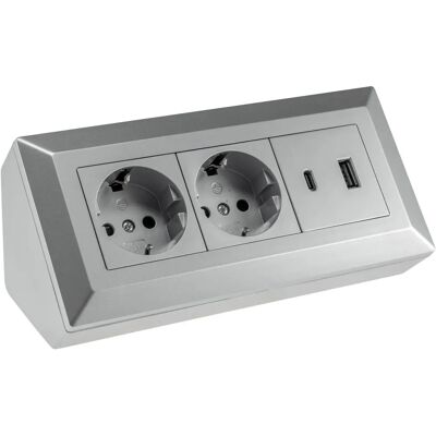 Chilitec 23573 Steckdosenblock - 2-fach, USB-A+C, Silber Chilitec 23573 Steckdosenblock - 2-fach, USB-A+C, Silber
