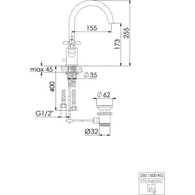 Steinberg GMBH Wastafel Mixer - Draai, Tweehands, Automatische Afvoer - 155mm Steinberg GMBH Wastafel Mixer - Draai, Tweehands, Automatische Afvoer - 155mm