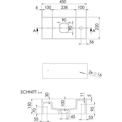 Steinberg Serie 440 Wandwaschtisch - Reversibel, Solid Surface, 450x220x150mm Steinberg Serie 440 Wandwaschtisch - Reversibel, Solid Surface, 450x220x150mm
