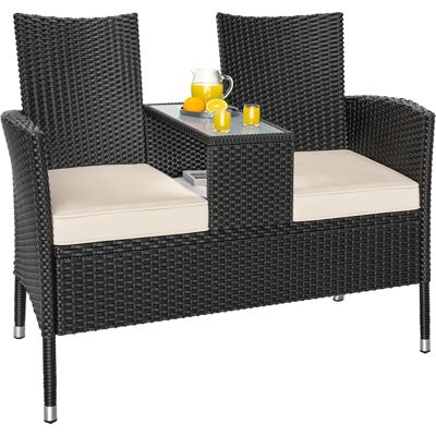 Banco de jardín Casaria negro - 2 plazas, poliratán con mesa de cristal - Resistente a UV Banco de jardín Casaria negro - 2 plazas, poliratán con mesa de cristal - Resistente a UV