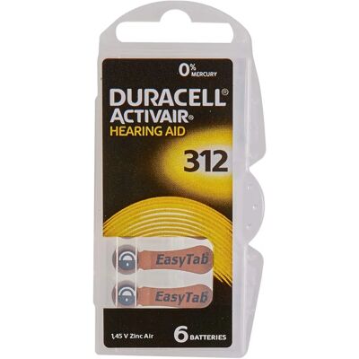Baterias para aparelhos auditivos Duracell EasyTab Tipo 312 - Ar de zinco - Pacote com 60 Baterias para aparelhos auditivos Duracell EasyTab Tipo 312 - Ar de zinco - Pacote com 60