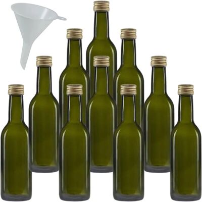 MIKKEN - 10 Bouteilles en Verre Vertes 250ml avec Couvercle & Entonnoir MIKKEN - 10 Bouteilles en Verre Vertes 250ml avec Couvercle & Entonnoir