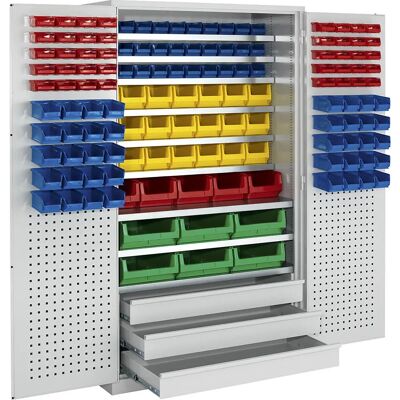 Mauser Großer Lager-Schrank - 9 Regale, 142 Boxen, 3 Schubladen Mauser Großer Lager-Schrank - 9 Regale, 142 Boxen, 3 Schubladen