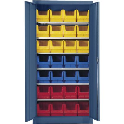 Mauser Stahl-Schrankschrank - Blau, 6 Regale, 28 Boxen - Stauraum Mauser Stahl-Schrankschrank - Blau, 6 Regale, 28 Boxen - Stauraum