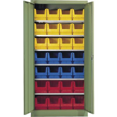 Mauser Lager-Schrank - Reseda Grün, 28 Boxen, 6 Regale Mauser Lager-Schrank - Reseda Grün, 28 Boxen, 6 Regale