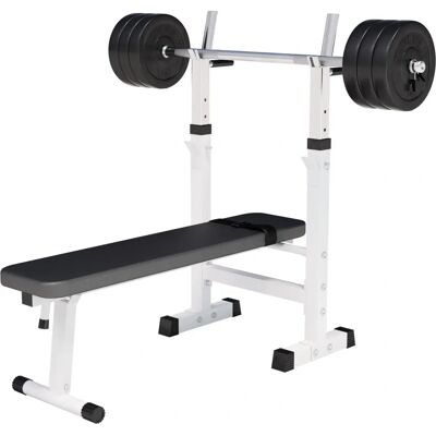 Gorilla Sports Vit bänkpress - Justerbara vikter och stång Gorilla Sports Vit bänkpress - Justerbara vikter och stång