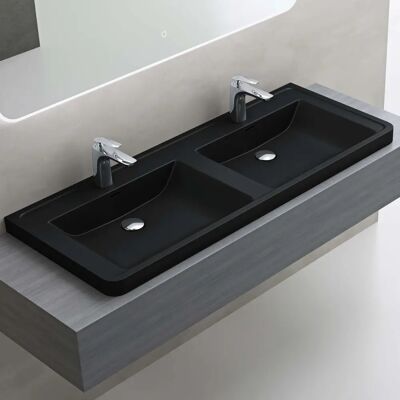 Lavabo empotrado Doporro - Doble rectangular de fundición mineral negro mate con rebosadero - Accesorios para baño Lavabo empotrado Doporro - Doble rectangular de fundición mineral negro mate con rebosadero - Accesorios para baño