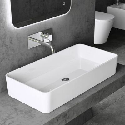 Lavabo de baño SOGOOD Doporro - Mármol fundido rectangular 80x40x15 cm - Blanco brillante con recubrimiento nano Lavabo de baño SOGOOD Doporro - Mármol fundido rectangular 80x40x15 cm - Blanco brillante con recubrimiento nano