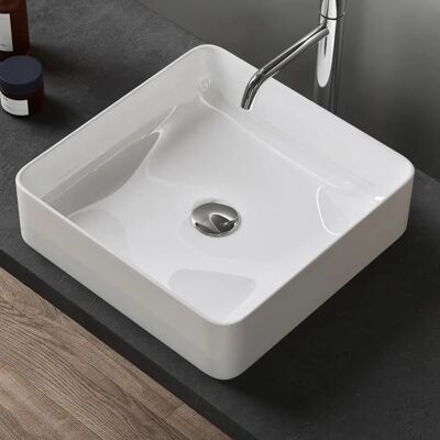 Lavabo de cerámica sobre encimera Doporro - 405x405x110 mm, Blanco, Diseño elegante Lavabo de cerámica sobre encimera Doporro - 405x405x110 mm, Blanco, Diseño elegante