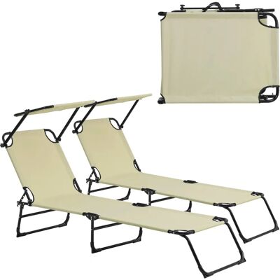 Casa.pro - Set aus 2 beige klappbaren Liegestühlen mit Sonnenschirm - Liegestühle Casa.pro - Set aus 2 beige klappbaren Liegestühlen mit Sonnenschirm - Liegestühle