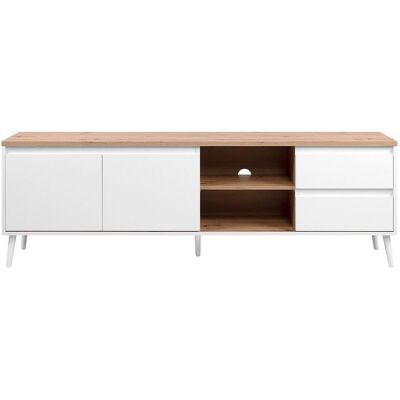 Calicosy - Grand meuble TV avec 2 portes & 2 tiroirs - Décor blanc & chêne - 186cm - Publicité Calicosy - Grand meuble TV avec 2 portes & 2 tiroirs - Décor blanc & chêne - 186cm - Publicité
