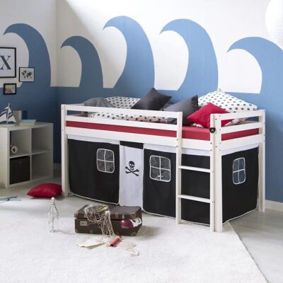 Homestyle4u Loftbett mit Vorhang - Schwarz Pirat Homestyle4u Loftbett mit Vorhang - Schwarz Pirat