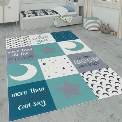 Tappeto per bambini turchese Paco Home - Stelle luna quadri Tappeto per bambini turchese Paco Home - Stelle luna quadri