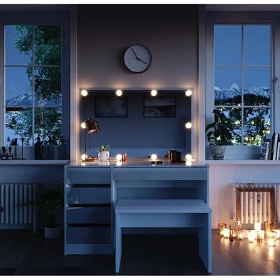Tavolo da toeletta Sherry bianco lucido con panchina e illuminazione LED Tavolo da toeletta Sherry bianco lucido con panchina e illuminazione LED