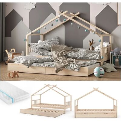 Cama infantil en forma de casa Vitalispa - Madera de pino natural, 90x200 cm, con cama de invitados y colchón Cama infantil en forma de casa Vitalispa - Madera de pino natural, 90x200 cm, con cama de invitados y colchón