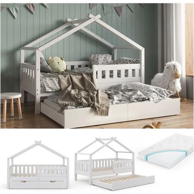 Cama infantil blanca en forma de casa Vitalispa con colchón y cama de invitados Cama infantil blanca en forma de casa Vitalispa con colchón y cama de invitados