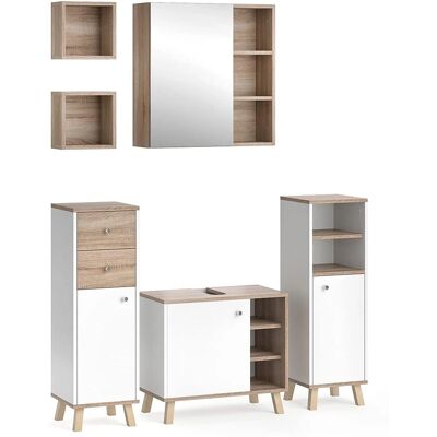 Conjunto de baño Vicco - Senyo, Blanco/Sonoma, 5 piezas con estantes Conjunto de baño Vicco - Senyo, Blanco/Sonoma, 5 piezas con estantes