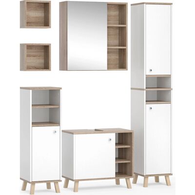 Vicco - Set di Mobili da Bagno Senyo - Bianco/Sonoma - 5 Parti - Armadio Alto Vicco - Set di Mobili da Bagno Senyo - Bianco/Sonoma - 5 Parti - Armadio Alto