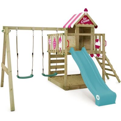 Wickey Smart Candy Holzspielplatz - Türkis - Rutsche & Schaukel Wickey Smart Candy Holzspielplatz - Türkis - Rutsche & Schaukel