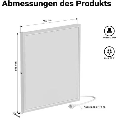 Wiltec Infrarot Deckenheizung - 370W, 655x630mm, LED-Licht, 98% Effizienz Wiltec Infrarot Deckenheizung - 370W, 655x630mm, LED-Licht, 98% Effizienz