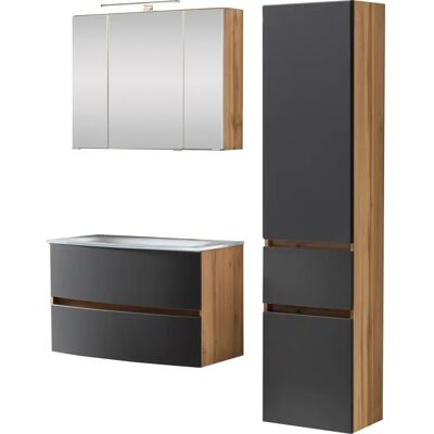 WELLTIME Kaunas Badezimmer-Set mit Grau/Wotaneiche - Badmöbel WELLTIME Kaunas Badezimmer-Set mit Grau/Wotaneiche - Badmöbel