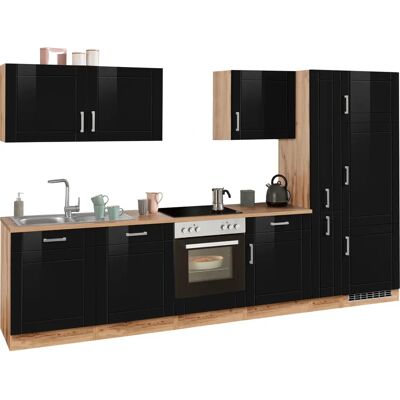 Kochstation Tinnum Küchenzeile - 330cm, Schwarz, Hochglanz Kochstation Tinnum Küchenzeile - 330cm, Schwarz, Hochglanz