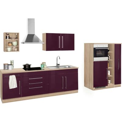 Kochstation KS-Samos - Küchenzeile - Hochglanz Aubergine & Eiche - Komplett Kochstation KS-Samos - Küchenzeile - Hochglanz Aubergine & Eiche - Komplett
