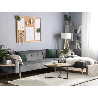 Sofá Esquinero Beliani con 3 Almohadas Tapizado en Terciopelo Gris Patas de Madera Clara - Sofá Cama Esquinero Sofá Esquinero Beliani con 3 Almohadas Tapizado en Terciopelo Gris Patas de Madera Clara - Sofá Cama Esquinero