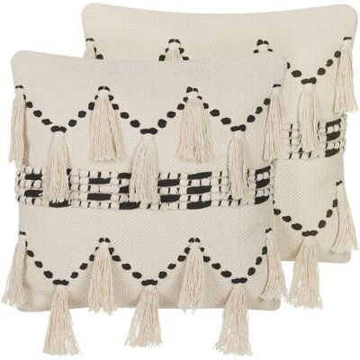 Beliani - Juego de 2 cojines de algodón beige y negro con borlas 45x45cm - Cojín Beliani - Juego de 2 cojines de algodón beige y negro con borlas 45x45cm - Cojín