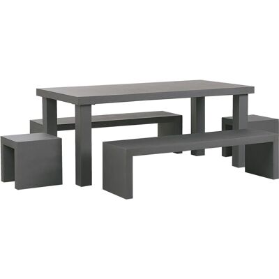 Set da Pranzo da Giardino Grigio in Cemento Rettangolare Tavolo 2 Panchine a U 2 Sgabelli 6 Posti Set da Pranzo da Giardino Grigio in Cemento Rettangolare Tavolo 2 Panchine a U 2 Sgabelli 6 Posti