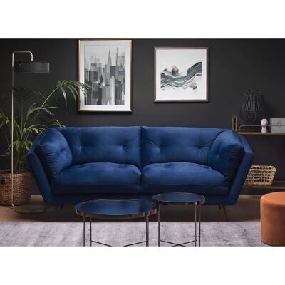 Sofá Azul de Terciopelo con Patas Metálicas - 3 Plazas - Retro Estilo Sofá Azul de Terciopelo con Patas Metálicas - 3 Plazas - Retro Estilo