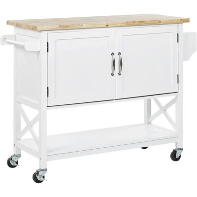 Chariot de cuisine blanc MDF avec plateau en bois clair - Chariot de cuisine - Publicité Chariot de cuisine blanc MDF avec plateau en bois clair - Chariot de cuisine - Publicité