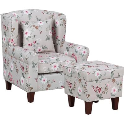 Sillón Hamar de Beliani con Otomana Patrón Floral Cremoso Tela - Sillón Sillón Hamar de Beliani con Otomana Patrón Floral Cremoso Tela - Sillón