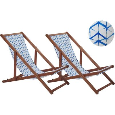 Ensemble de 2 chaises longues de jardin Beliani cadre en bois d'acacia foncé tissu blanc et bleu - Chaises longues de jardin - Publicité Ensemble de 2 chaises longues de jardin Beliani cadre en bois d'acacia foncé tissu blanc et bleu - Chaises longues de jardin - Publicité