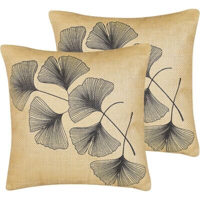 Beliani Set of 2 Decorative Cushions - Beige Leaves Print Beliani Set of 2 Decorative Cushions - Beige Leaves Print