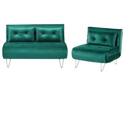 Conjunto de Sofá Cama de Terciopelo Verde de Beliani con Cojines - Muebles para Salón Conjunto de Sofá Cama de Terciopelo Verde de Beliani con Cojines - Muebles para Salón