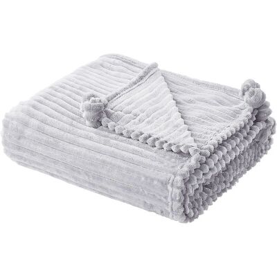 Beliani Päällinen Vaaleanharmaa Polyester 150 x 200 cm Ribbineulottu rakenne pompomilla - Päällinen Beliani Päällinen Vaaleanharmaa Polyester 150 x 200 cm Ribbineulottu rakenne pompomilla - Päällinen