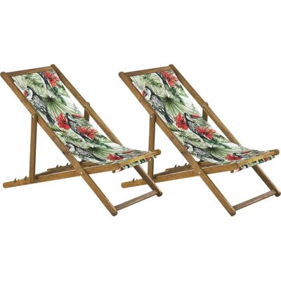 Beliani Ensemble de 2 Chaises Longues de Jardin Cadre en Bois d'Acacia Clair Motif Toucans - Sun Lounger - Publicité Beliani Ensemble de 2 Chaises Longues de Jardin Cadre en Bois d'Acacia Clair Motif Toucans - Sun Lounger - Publicité