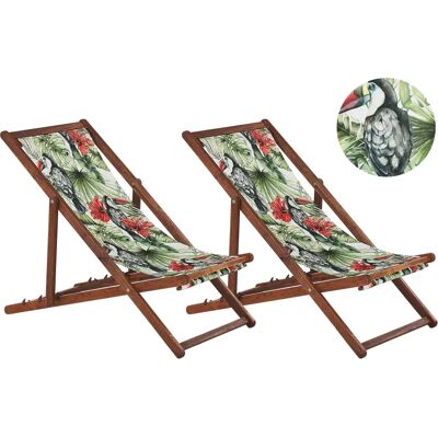 Ensemble de 2 Chaises de Jardin en Bois d'Acacia Foncé Cadre avec Motif Toucan Tissu de Rechange Siège Hamac Reclinable Pliable - Sun Lounger - Publicité Ensemble de 2 Chaises de Jardin en Bois d'Acacia Foncé Cadre avec Motif Toucan Tissu de Rechange Siège Hamac Reclinable Pliable - Sun Lounger - Publicité