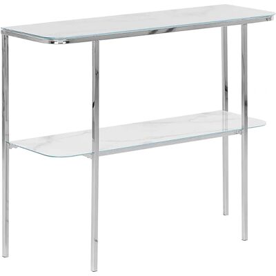Table console en verre effet marbre blanc argenté - Mobilier moderne pour salon - Publicité Table console en verre effet marbre blanc argenté - Mobilier moderne pour salon - Publicité