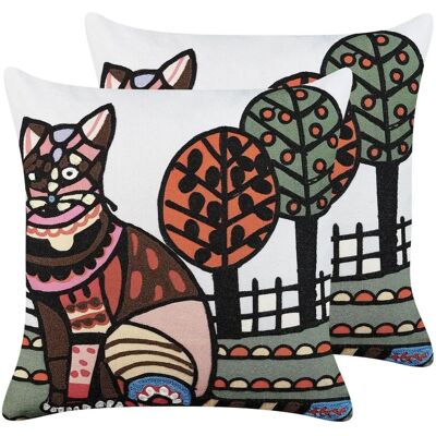 Beliani Juego de 2 Cojines de Algodón Multicolor Con Motivo de Gato Hechos a Mano - Cojines Beliani Juego de 2 Cojines de Algodón Multicolor Con Motivo de Gato Hechos a Mano - Cojines