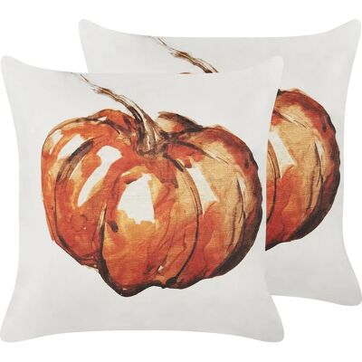 Beliani Ensemble de 2 Coussins en Velours Beige avec Motifs de Citrouille et de Plante - Coussins - Publicité Beliani Ensemble de 2 Coussins en Velours Beige avec Motifs de Citrouille et de Plante - Coussins - Publicité