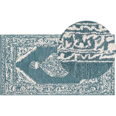 Beliani Alfombra de lana 80 x 150 cm Blanco Azul - Alfombra Beliani Alfombra de lana 80 x 150 cm Blanco Azul - Alfombra