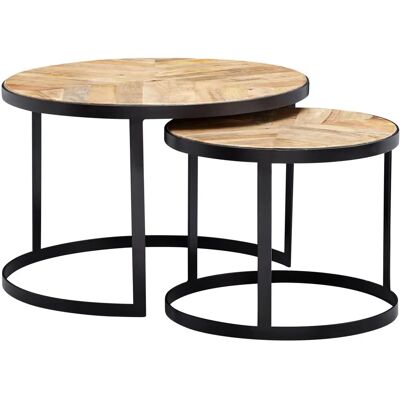FineBuy Runder Couchtisch 2er Set - Massiv Mango Holz, Metall, Industrial Stil FineBuy Runder Couchtisch 2er Set - Massiv Mango Holz, Metall, Industrial Stil