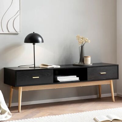 Wohnling Lowboard Schwarz mit Eiche-Dekor 150x50x40 cm TV-Kommode Modern - TV Schrank Wohnling Lowboard Schwarz mit Eiche-Dekor 150x50x40 cm TV-Kommode Modern - TV Schrank