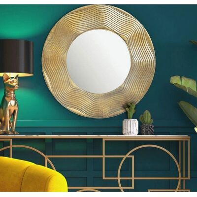 Miroir mural rond doré - 74x74 cm - Motif vagues - Publicité Miroir mural rond doré - 74x74 cm - Motif vagues - Publicité